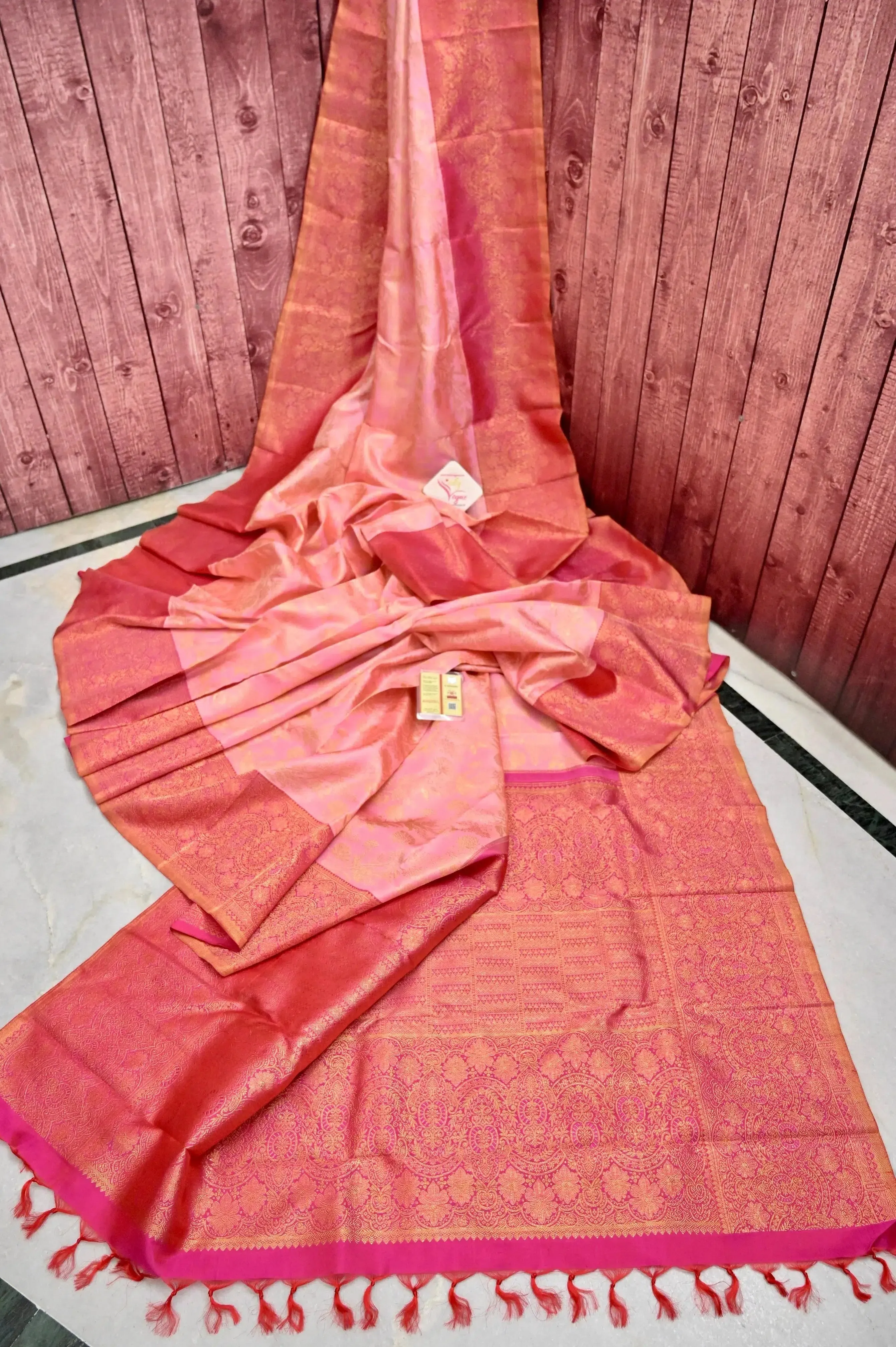 Peach Pink Color Korvai Kanjeevaram Silk Saree with Pure Gold Zari Weaving