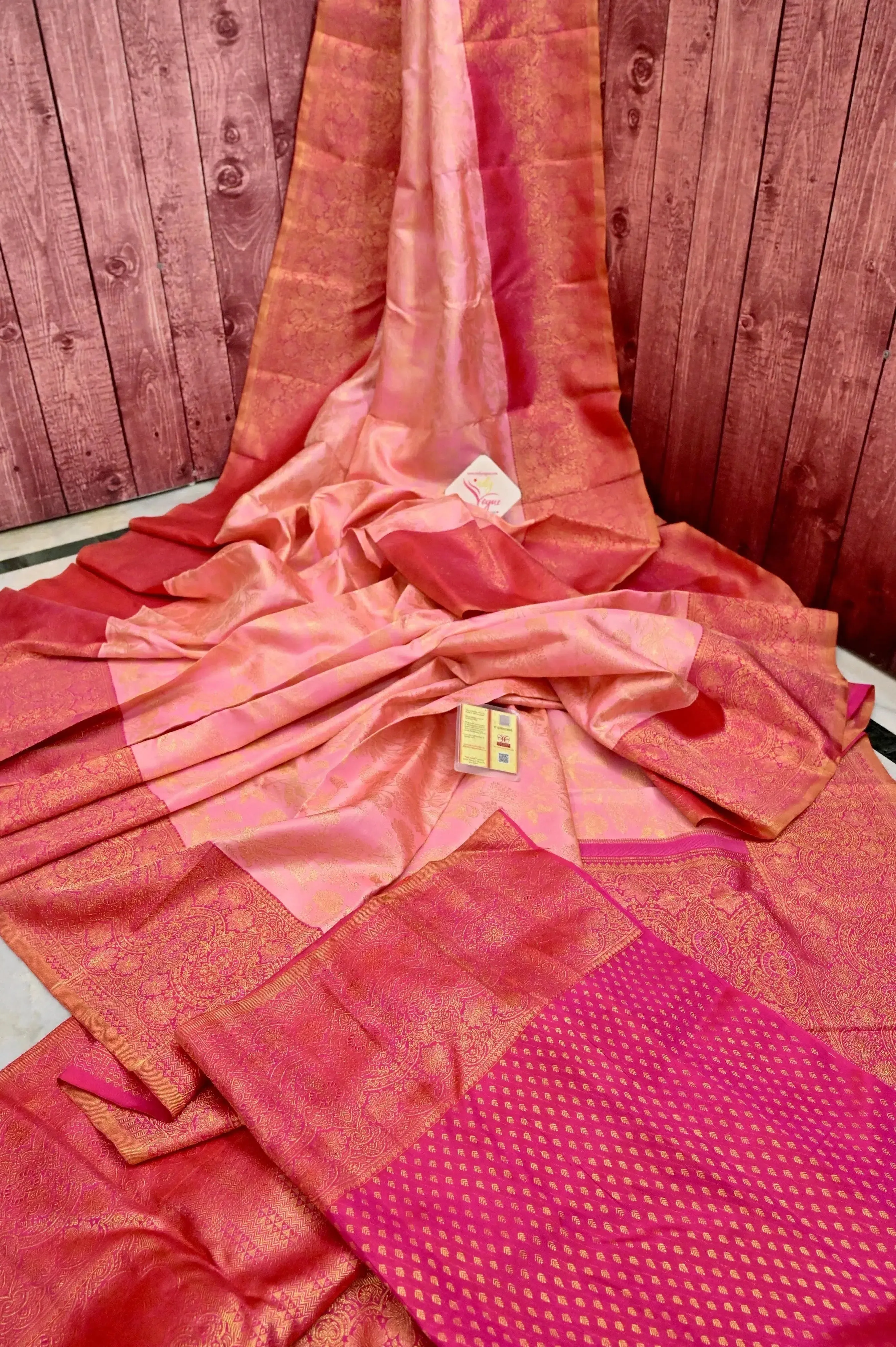 Peach Pink Color Korvai Kanjeevaram Silk Saree with Pure Gold Zari Weaving