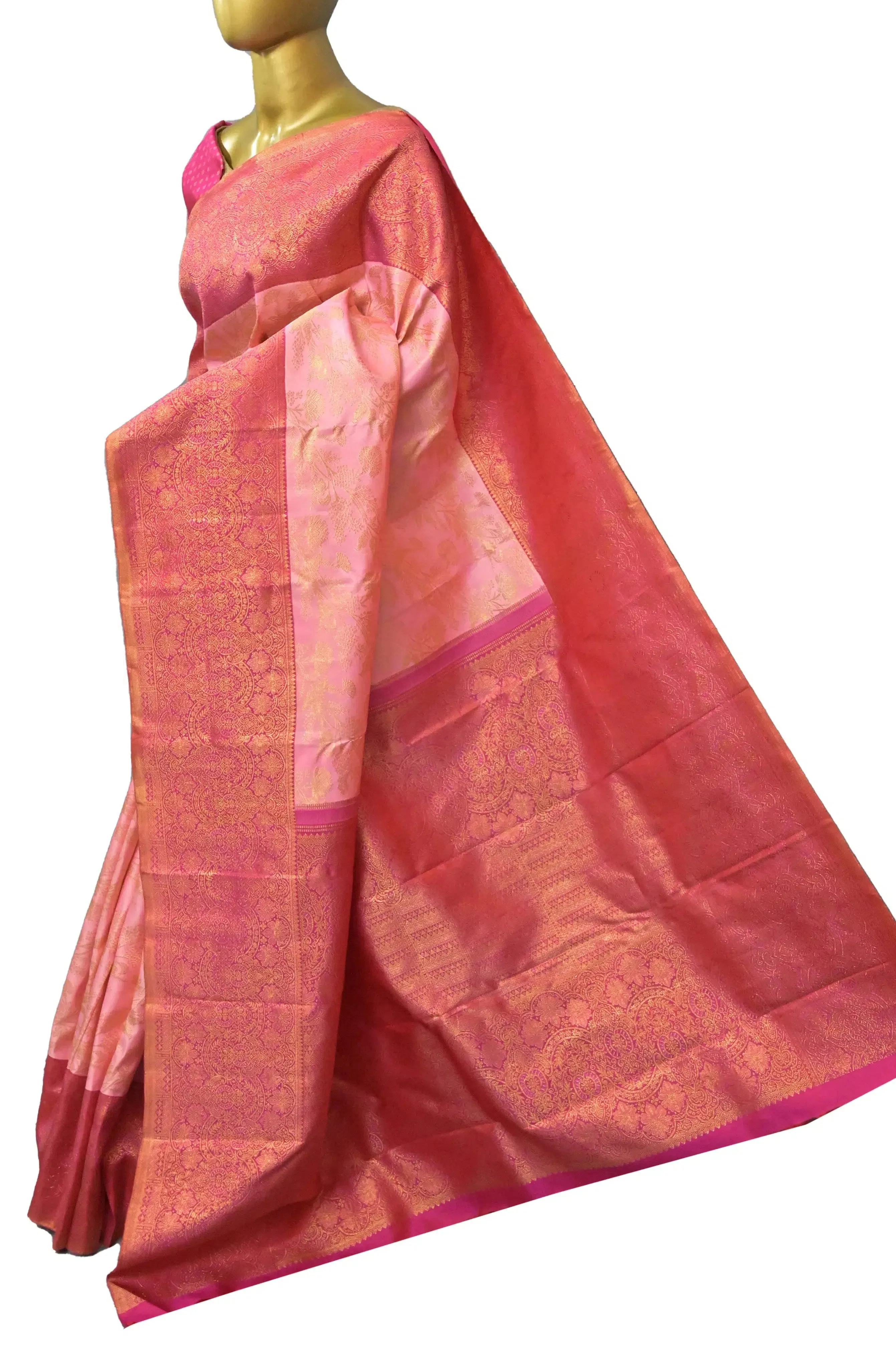 Peach Pink Color Korvai Kanjeevaram Silk Saree with Pure Gold Zari Weaving