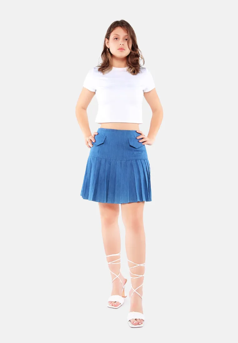 Pleated Drop Waist Godet Skirt In Blue