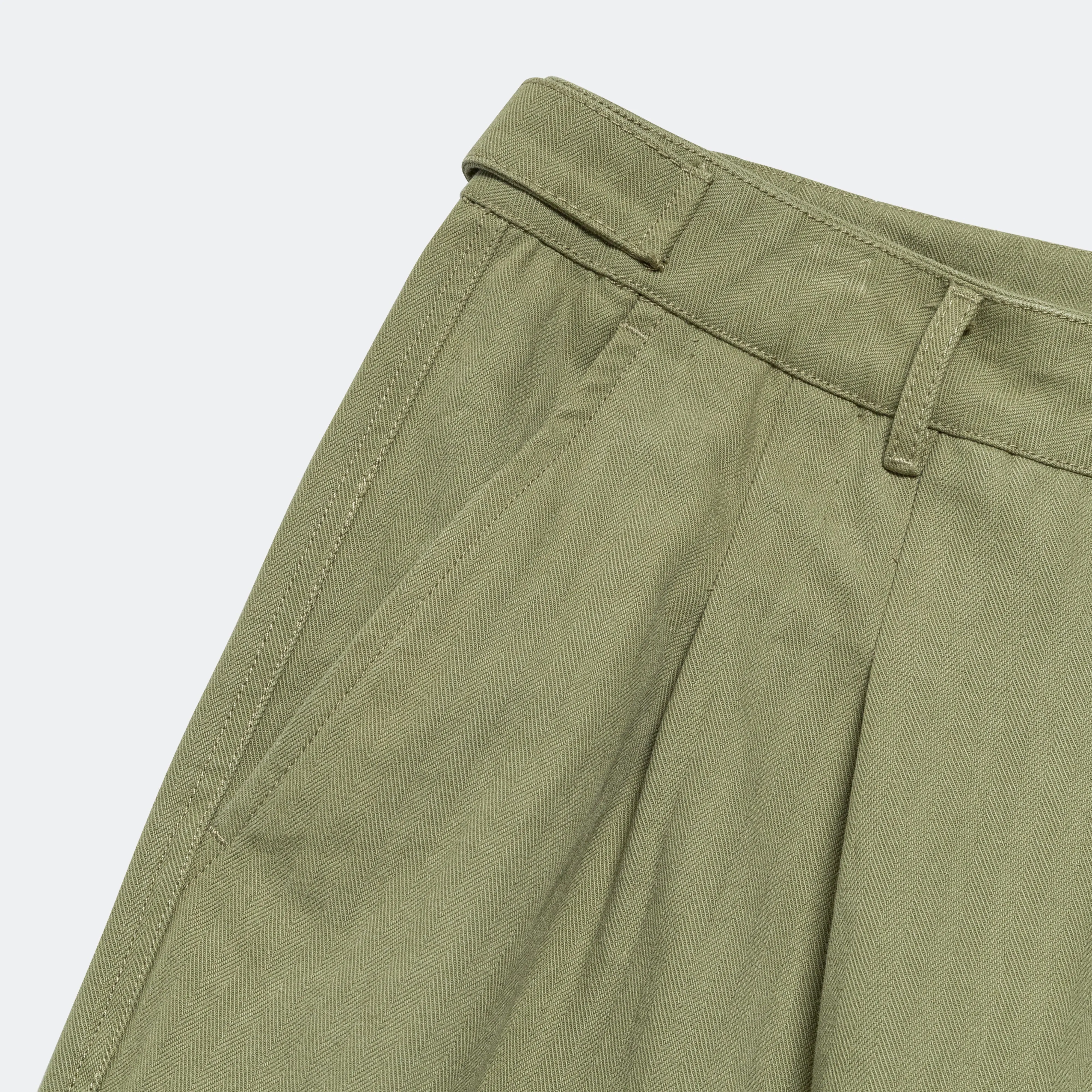 Pleated Herringbone Trouser - Olive