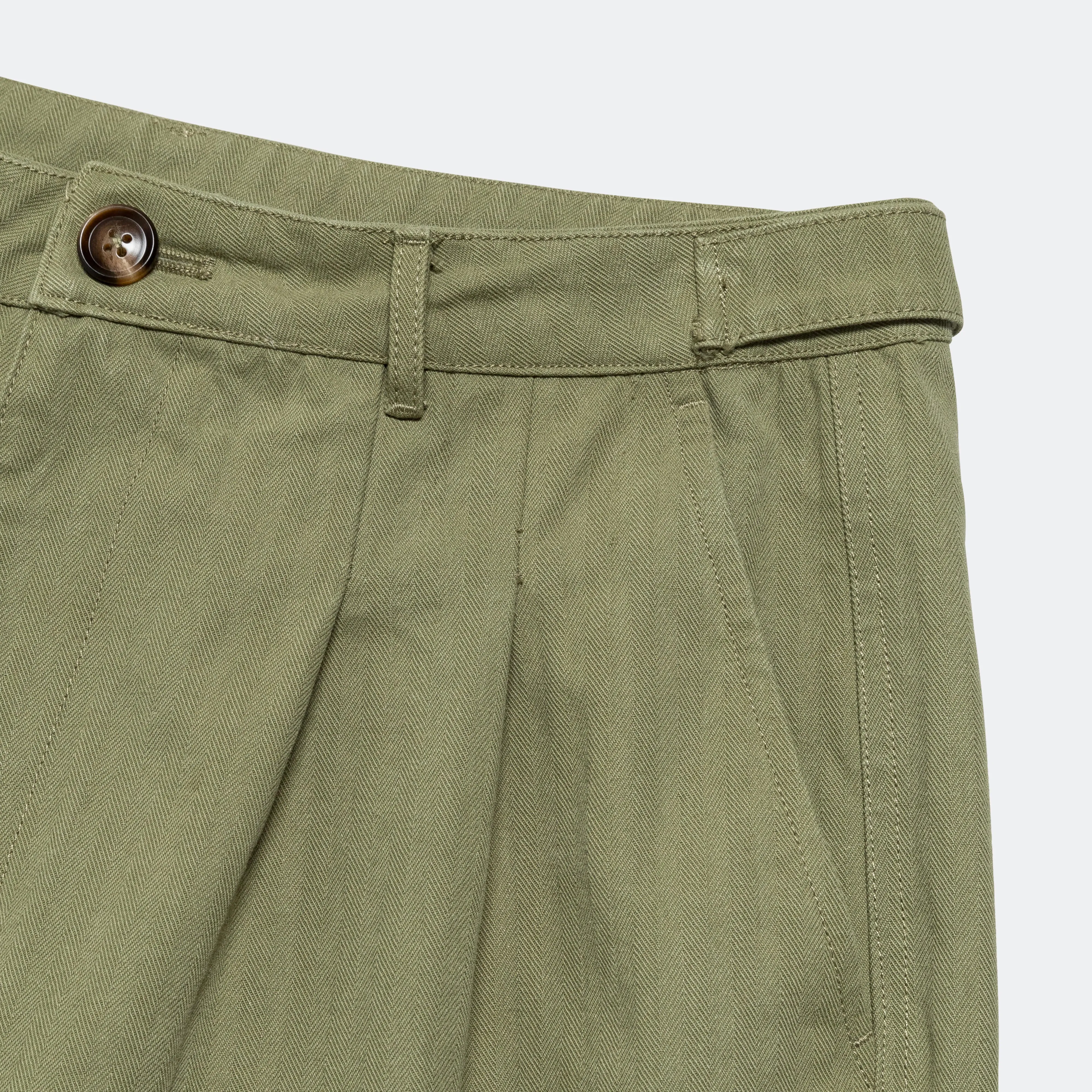 Pleated Herringbone Trouser - Olive