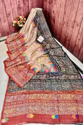 Sandal Color Tussar Silk Saree with Hand Block and Hand Kantha Stitch Work and Ganga Jamuna Border