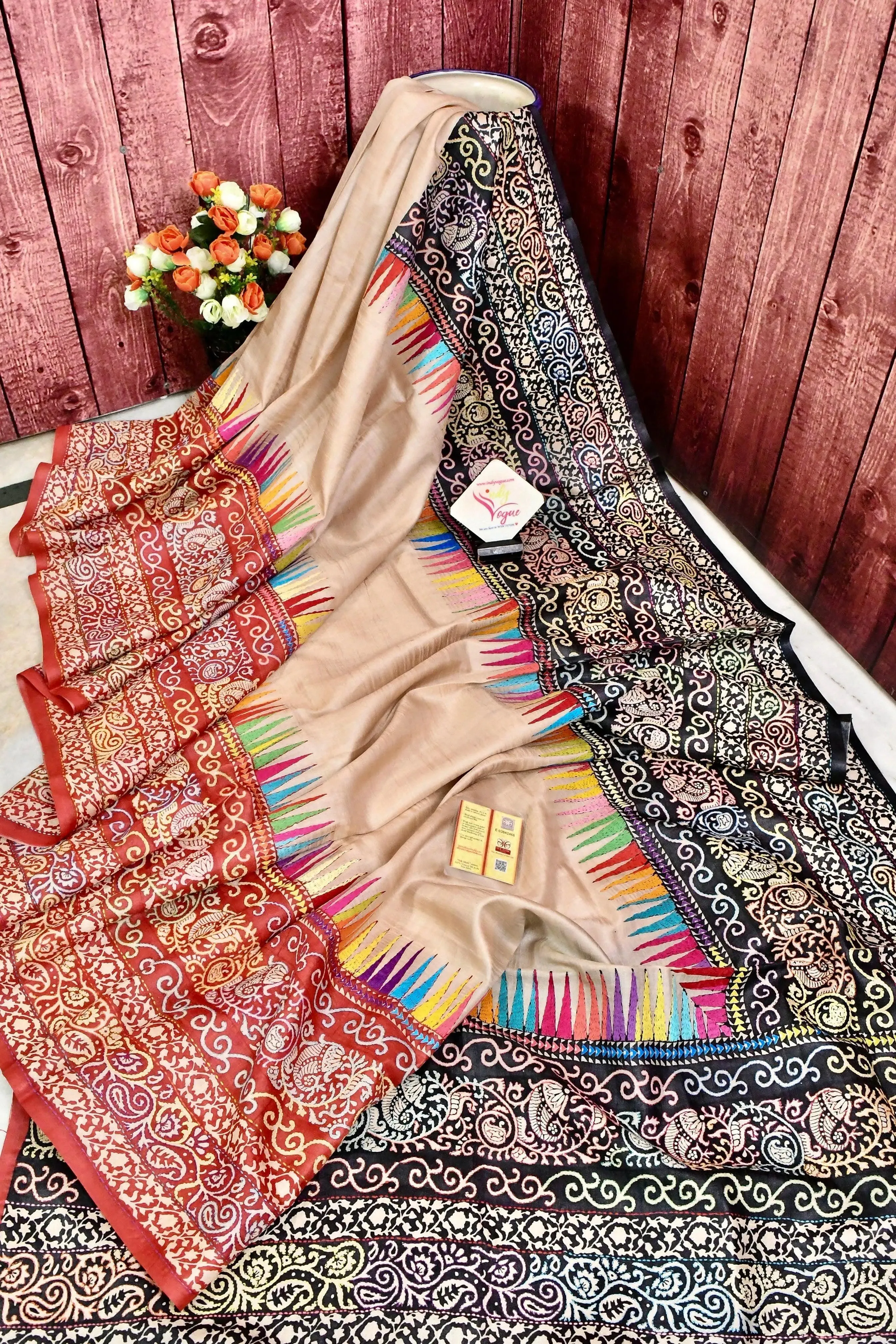 Sandal Color Tussar Silk Saree with Hand Block and Hand Kantha Stitch Work and Ganga Jamuna Border