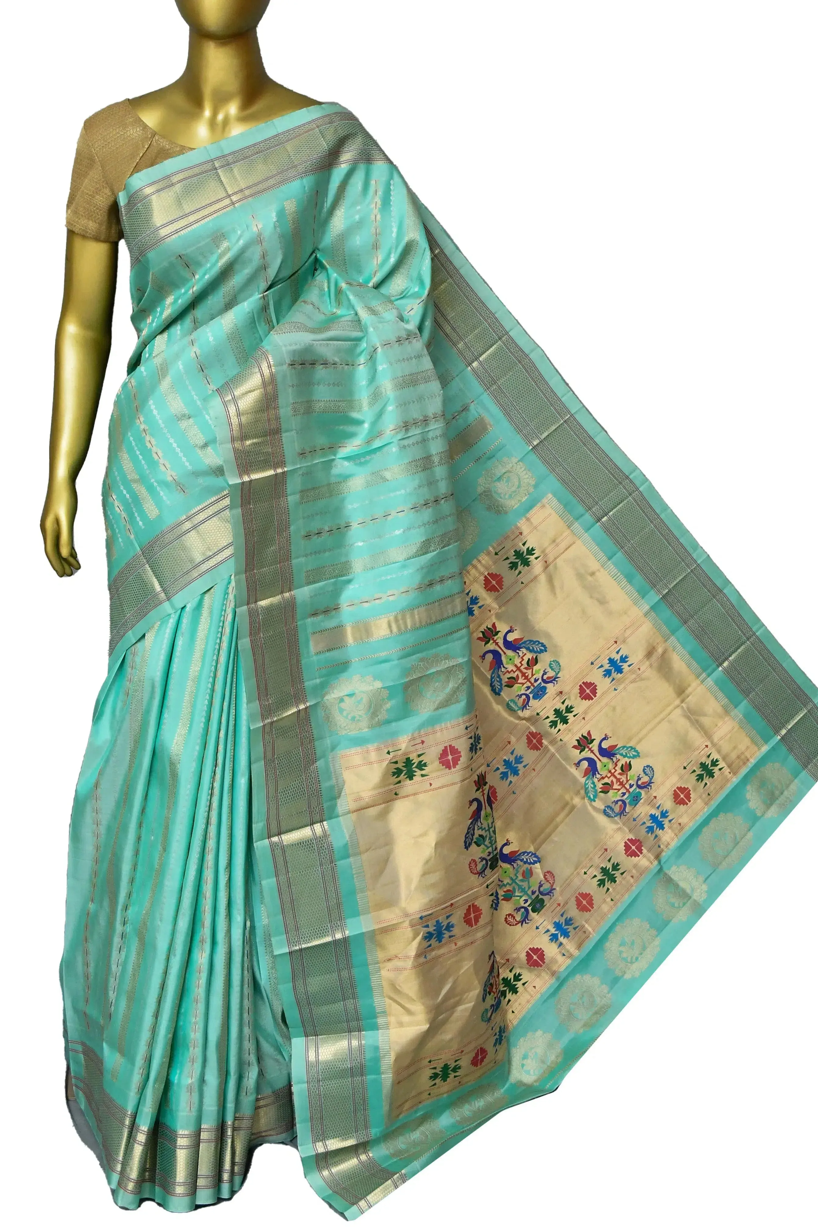 Sea Green Color Pure Maharani Paithani Saree with Meenakari Golden and Silver Stripes