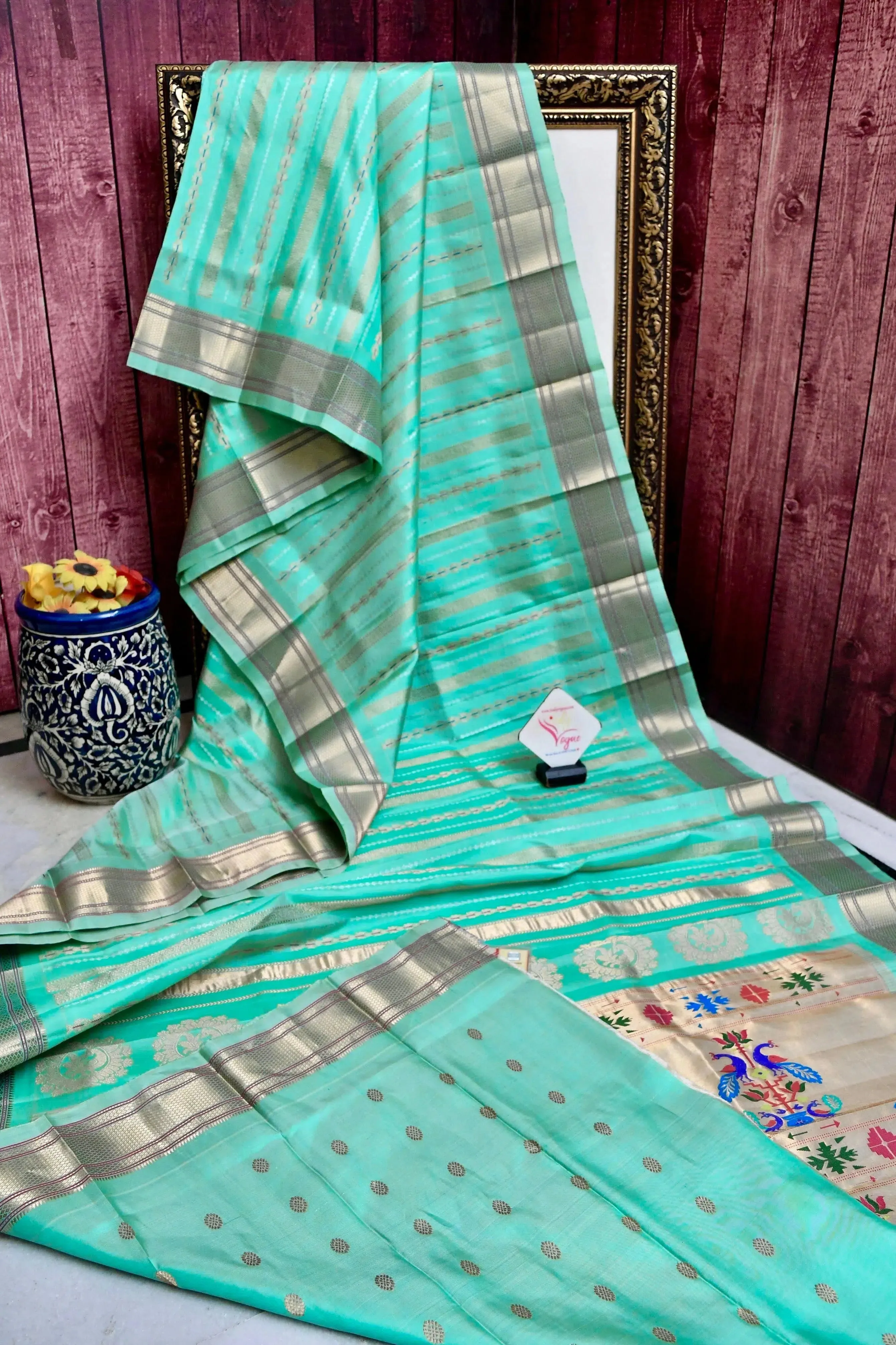 Sea Green Color Pure Maharani Paithani Saree with Meenakari Golden and Silver Stripes