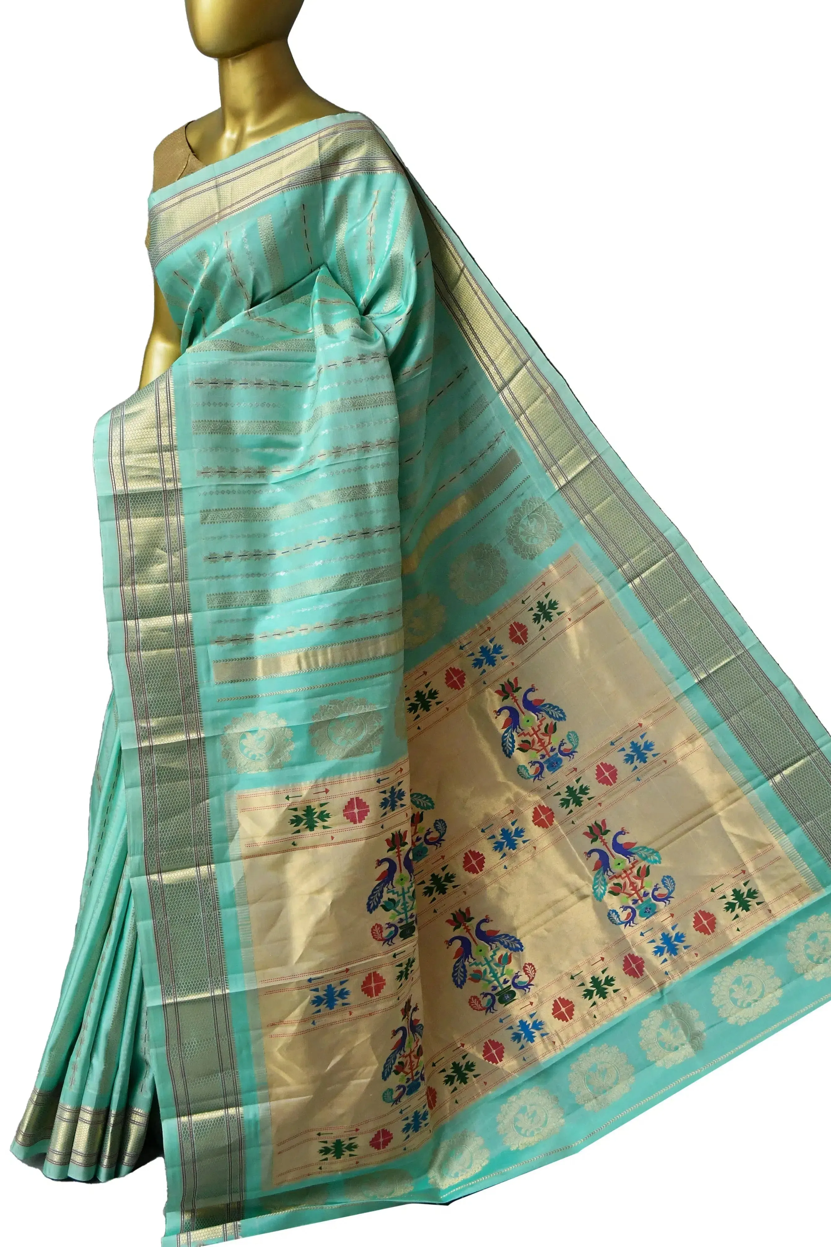 Sea Green Color Pure Maharani Paithani Saree with Meenakari Golden and Silver Stripes