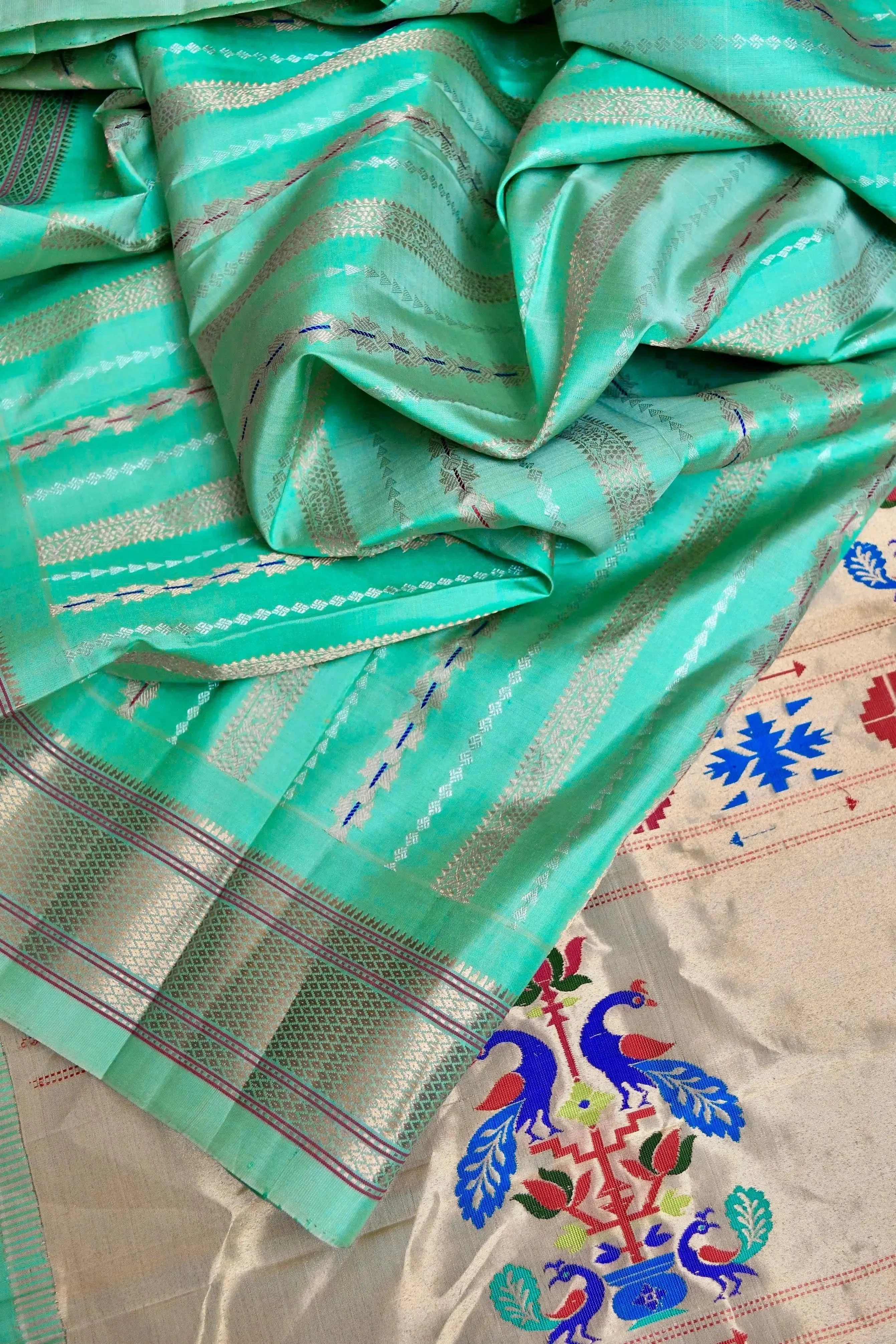 Sea Green Color Pure Maharani Paithani Saree with Meenakari Golden and Silver Stripes