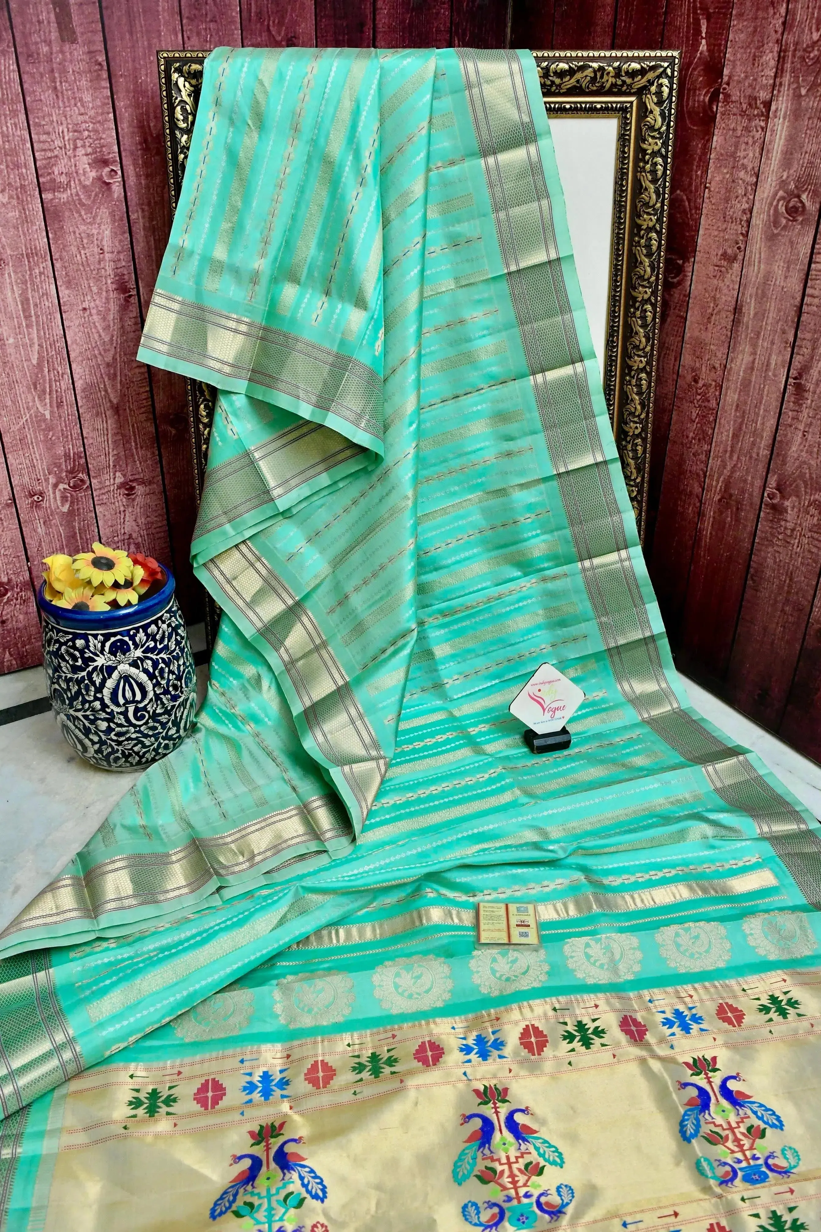 Sea Green Color Pure Maharani Paithani Saree with Meenakari Golden and Silver Stripes