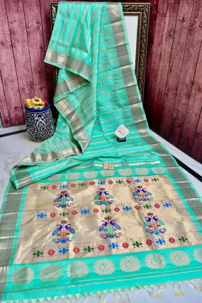 Sea Green Color Pure Maharani Paithani Saree with Meenakari Golden and Silver Stripes