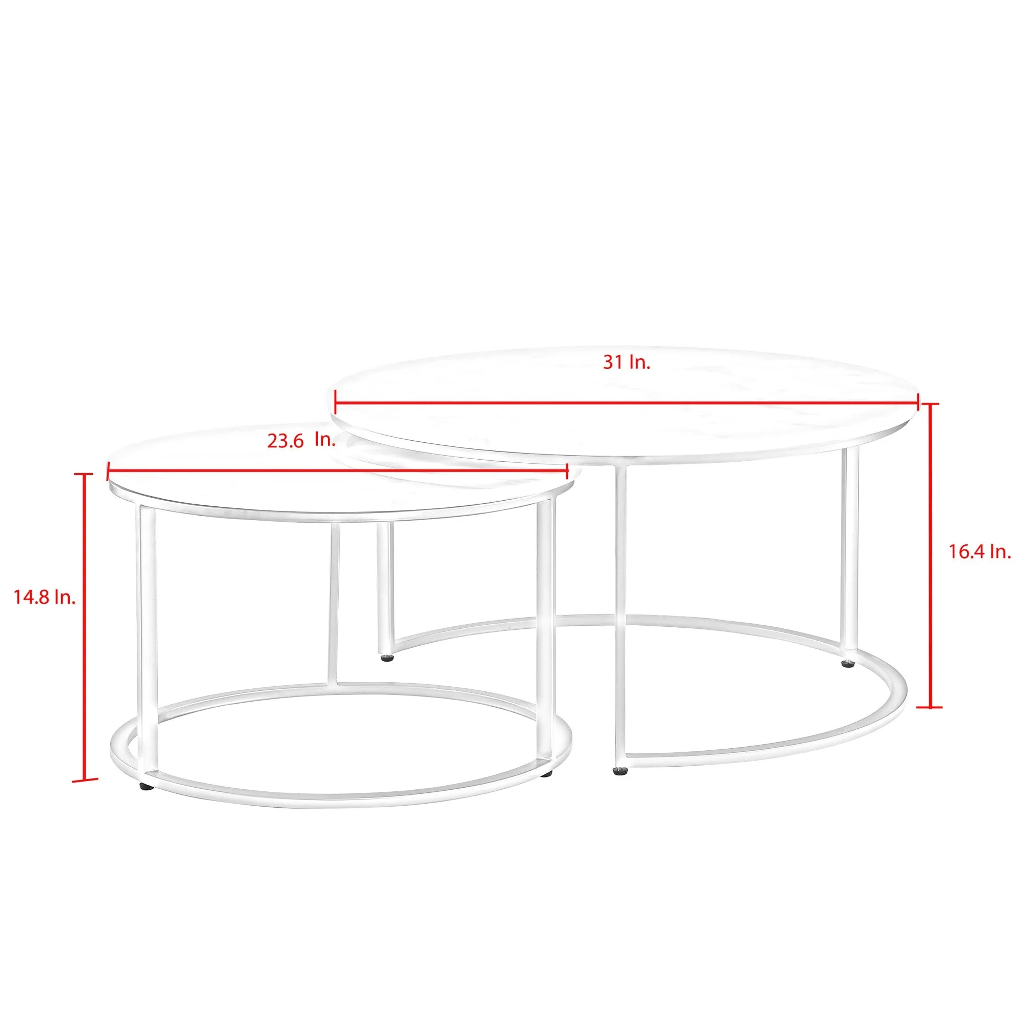 Set of Two 31 White And Gold Genuine Marble And Iron Round Nested Coffee Tables