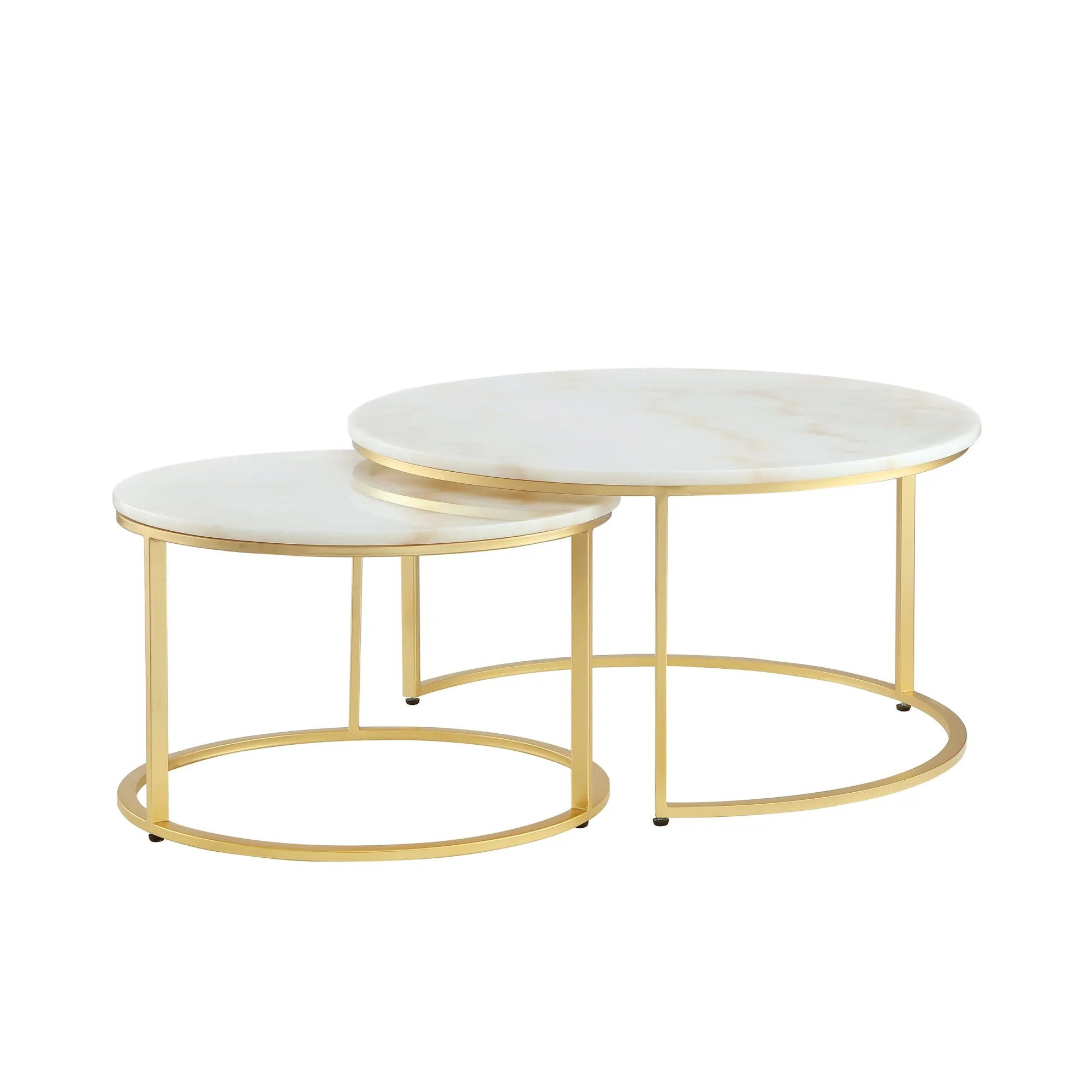 Set of Two 31 White And Gold Genuine Marble And Iron Round Nested Coffee Tables