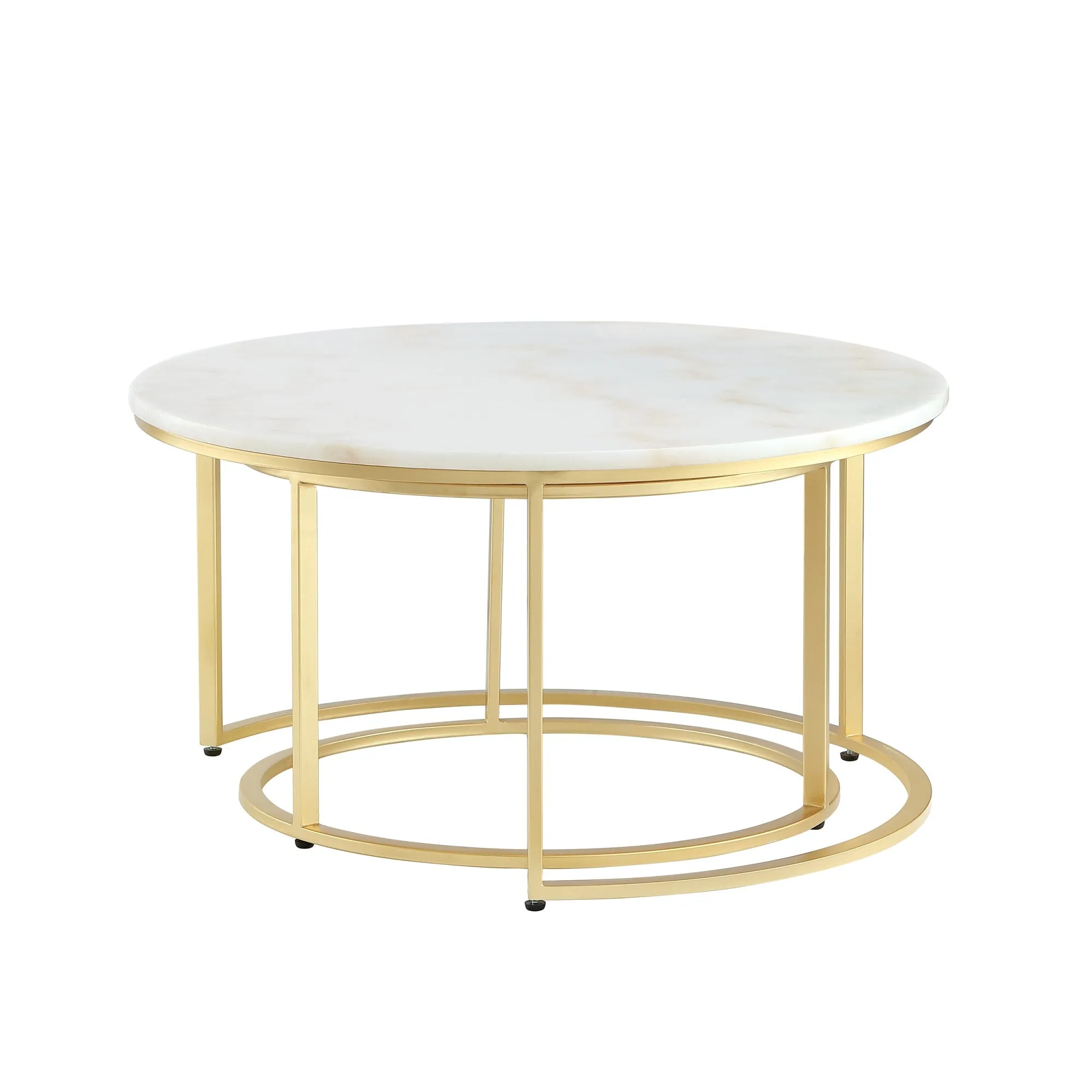 Set of Two 31 White And Gold Genuine Marble And Iron Round Nested Coffee Tables