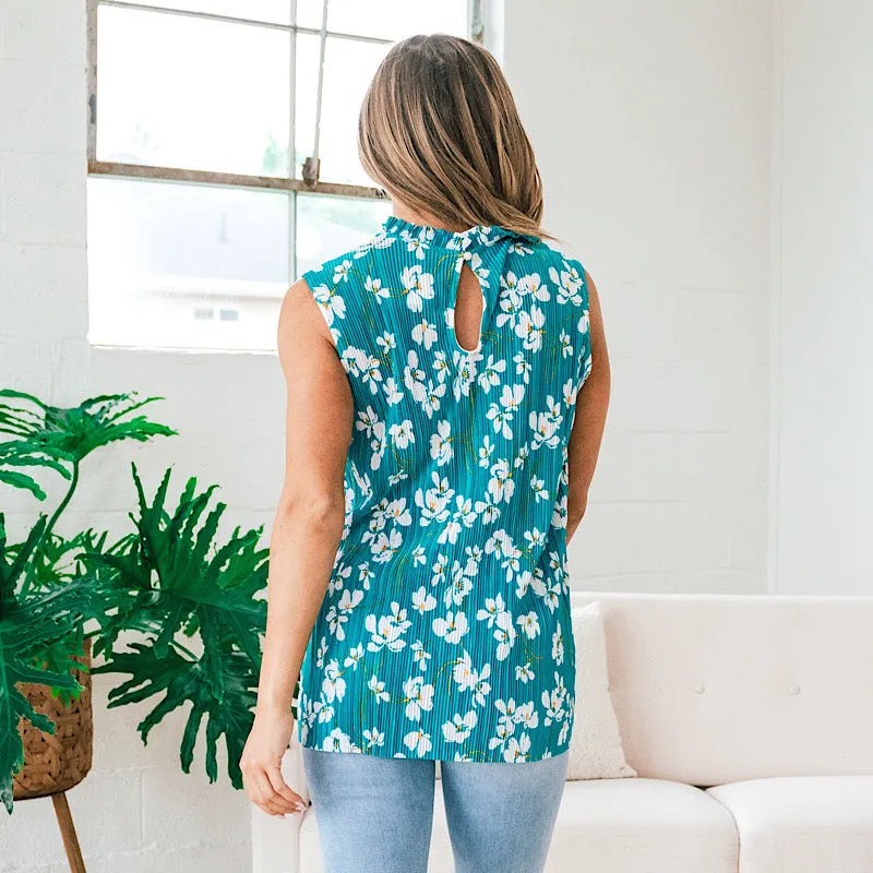 Shine On Teal Floral Ruffle Neck Blouse FINAL SALE