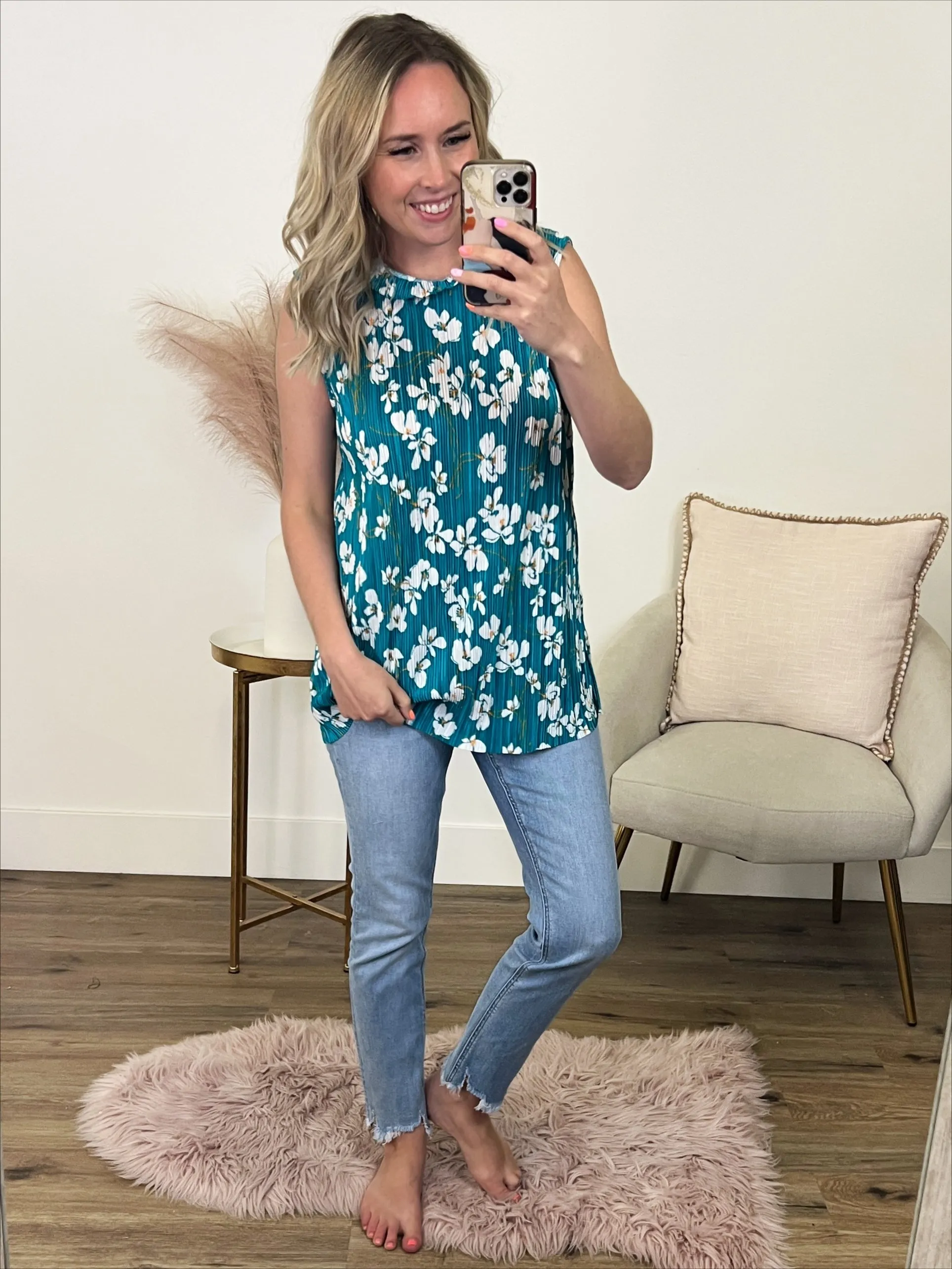 Shine On Teal Floral Ruffle Neck Blouse FINAL SALE