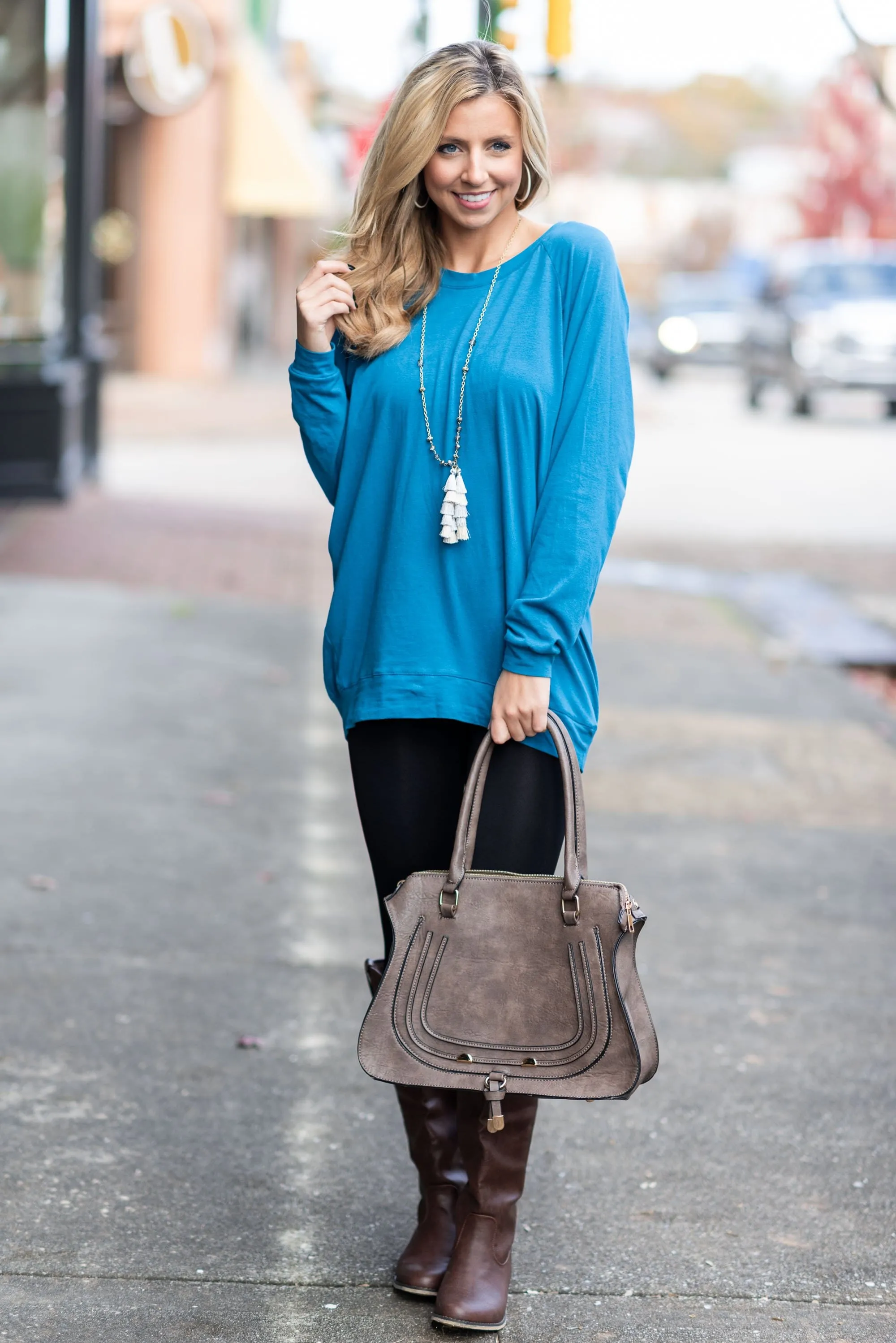 Slouchy Dolman Teal Blue Long Sleeve Tunic