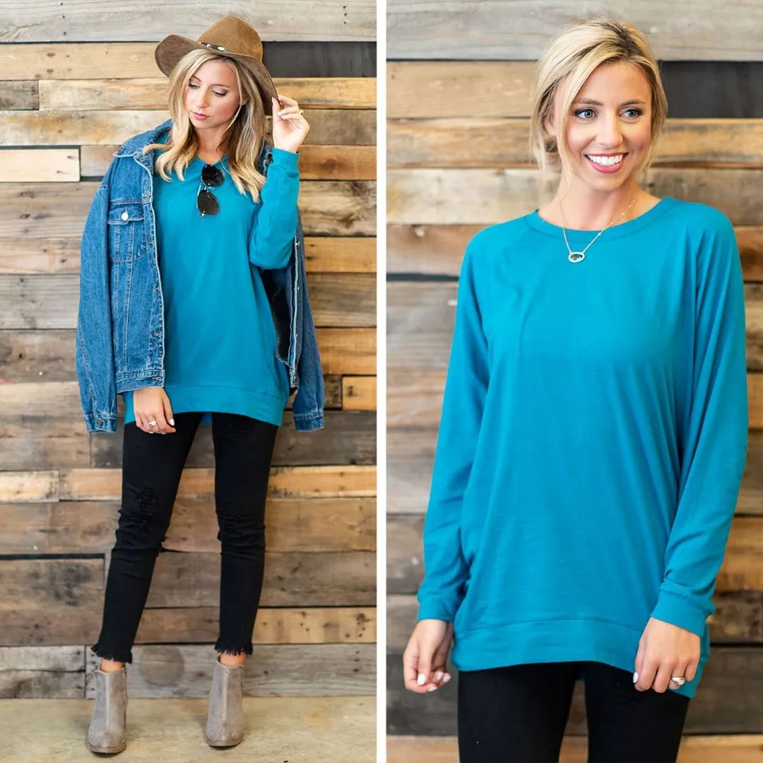 Slouchy Dolman Teal Blue Long Sleeve Tunic