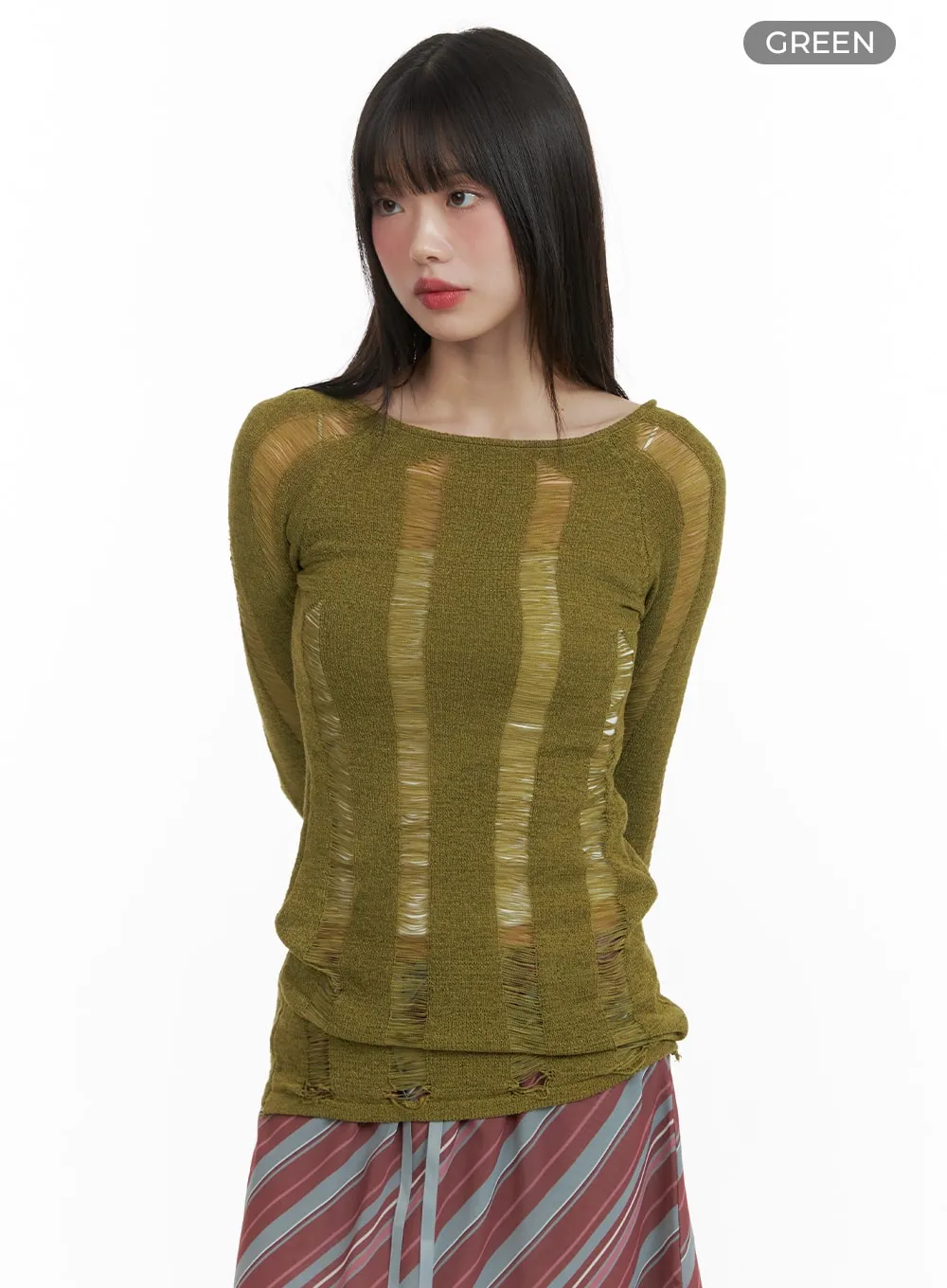 Solid Distressed Knit Long Sweater CA411