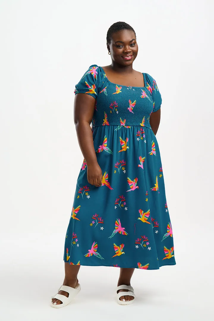 Sugarhill Brighton Jolene Teal Rainbow Parrots Midi Shirred Dress