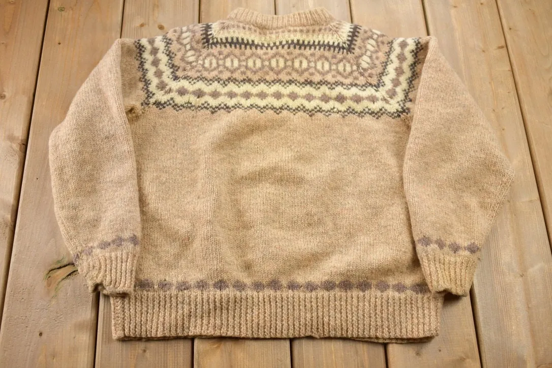 Vintage 1970s Beige Cottage Craft Knit  Sweater / 100% Wool / Patterned Sweater / Button Up / Hand Knit / Made In Canada