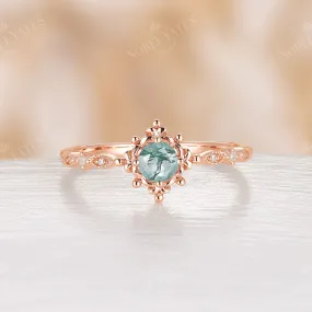 Vintage Round Moss Agate Milgrain Engagement Ring Rose Gold