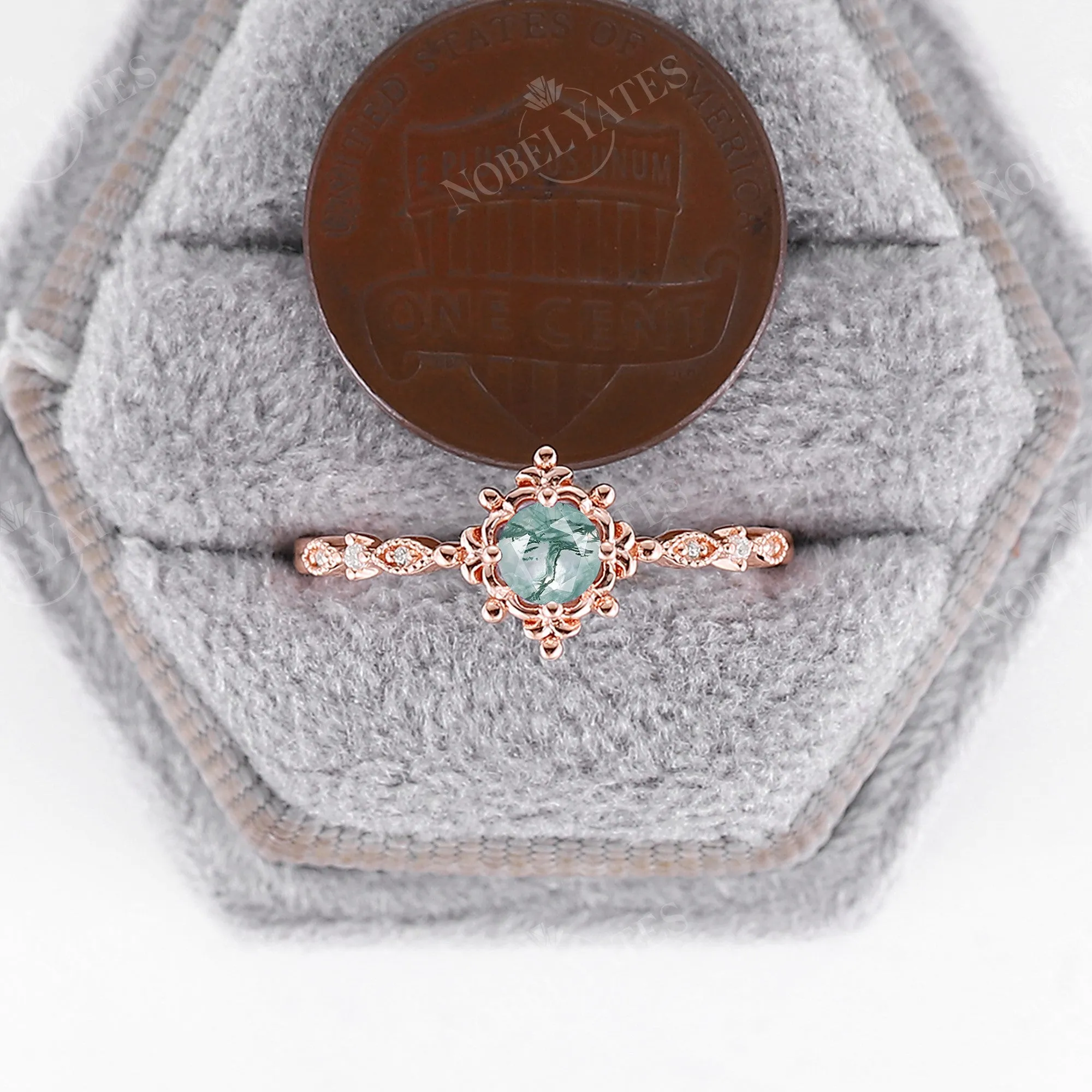 Vintage Round Moss Agate Milgrain Engagement Ring Rose Gold