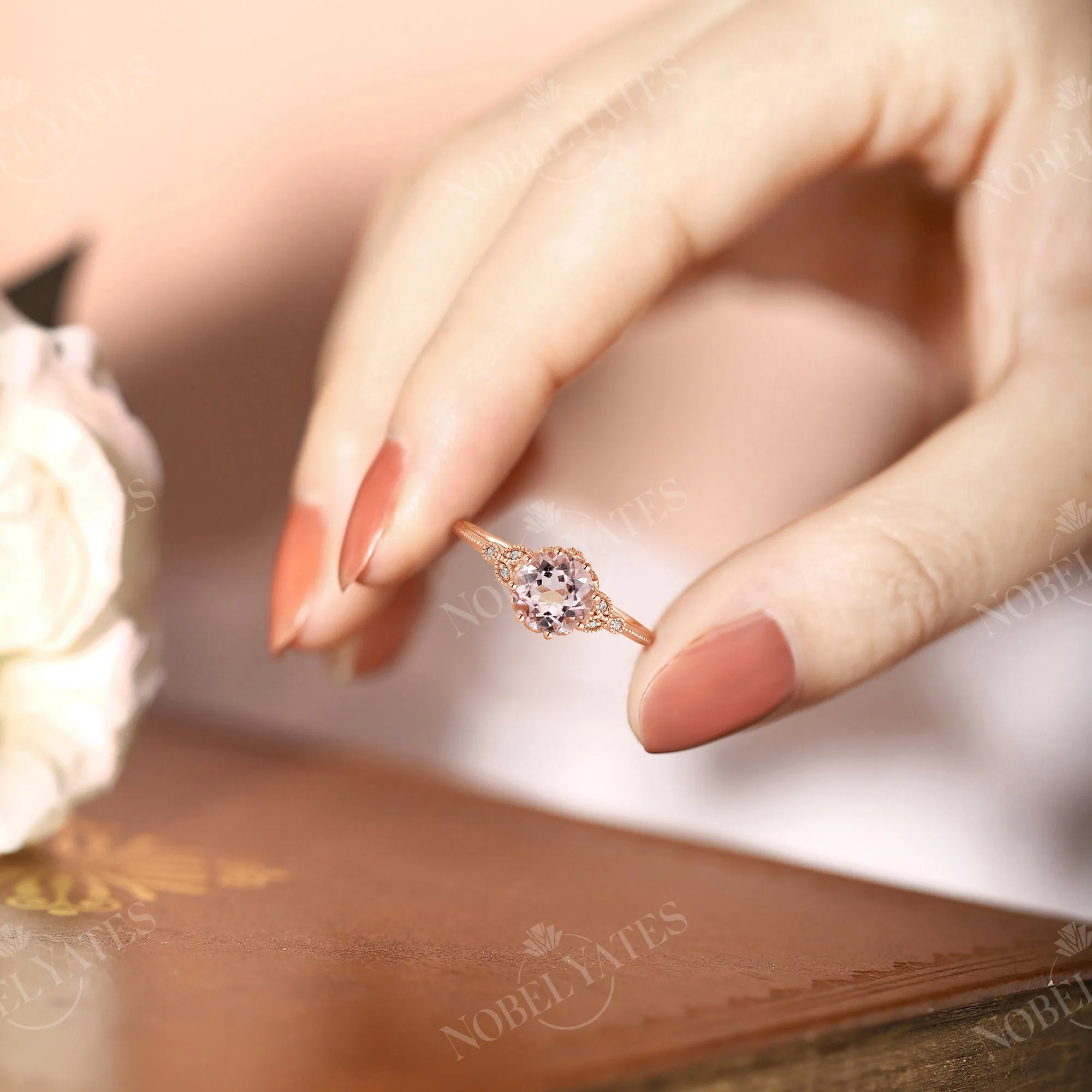 Vintage Round Orange Pink Morganite Milgrain Leaf Engagement Ring