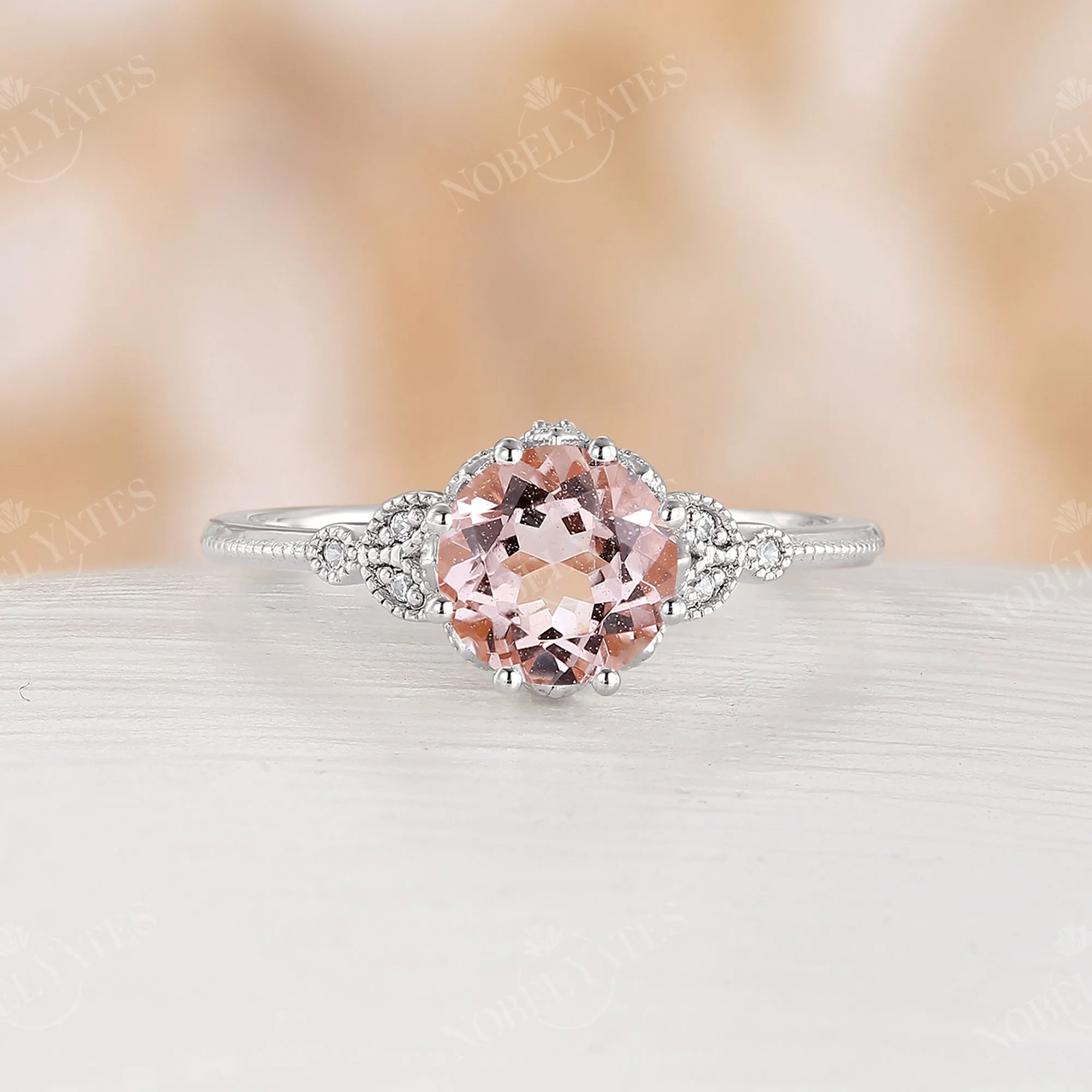 Vintage Round Orange Pink Morganite Milgrain Leaf Engagement Ring