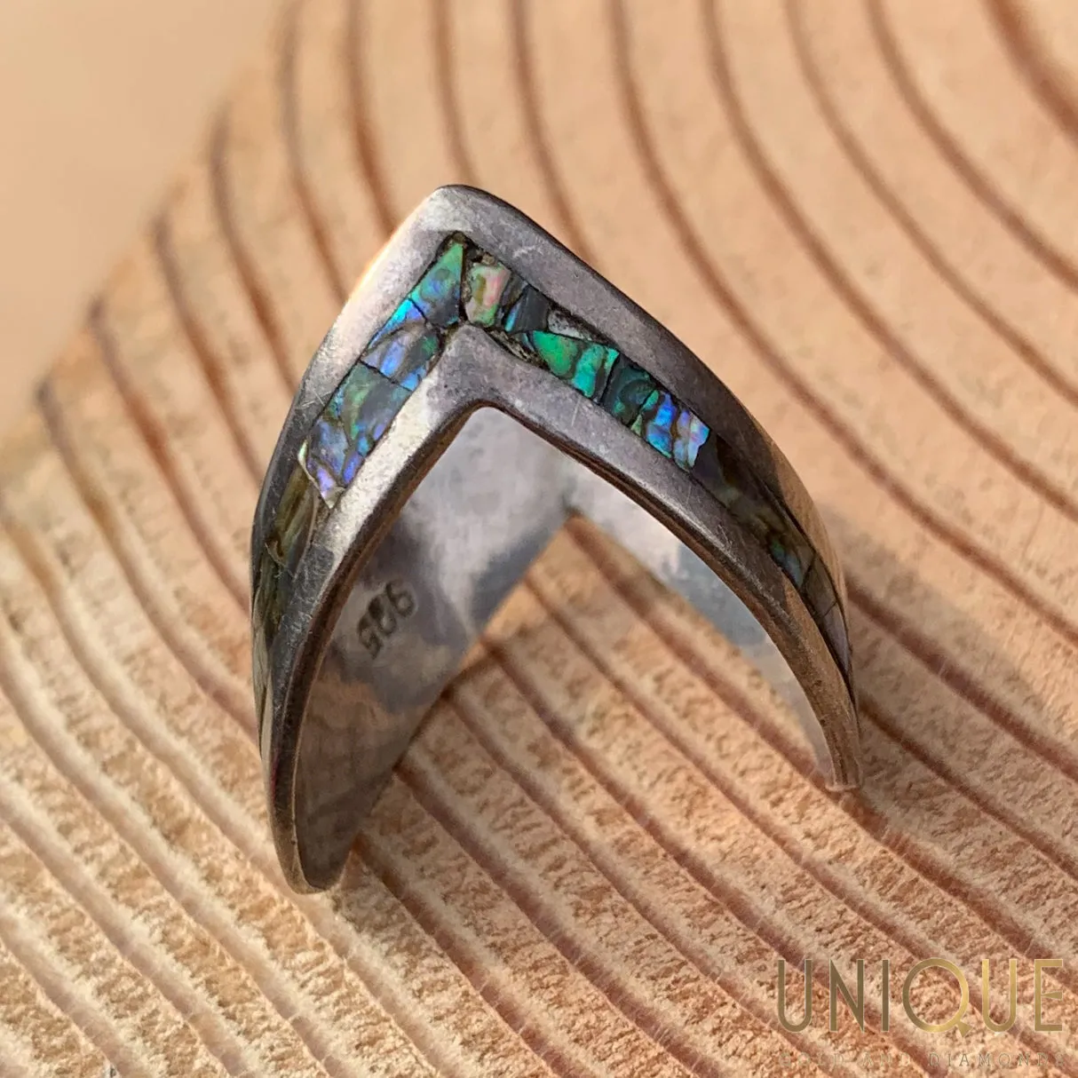 Vintage Sterling Silver V Ring With Mother Of Pearl Inlay