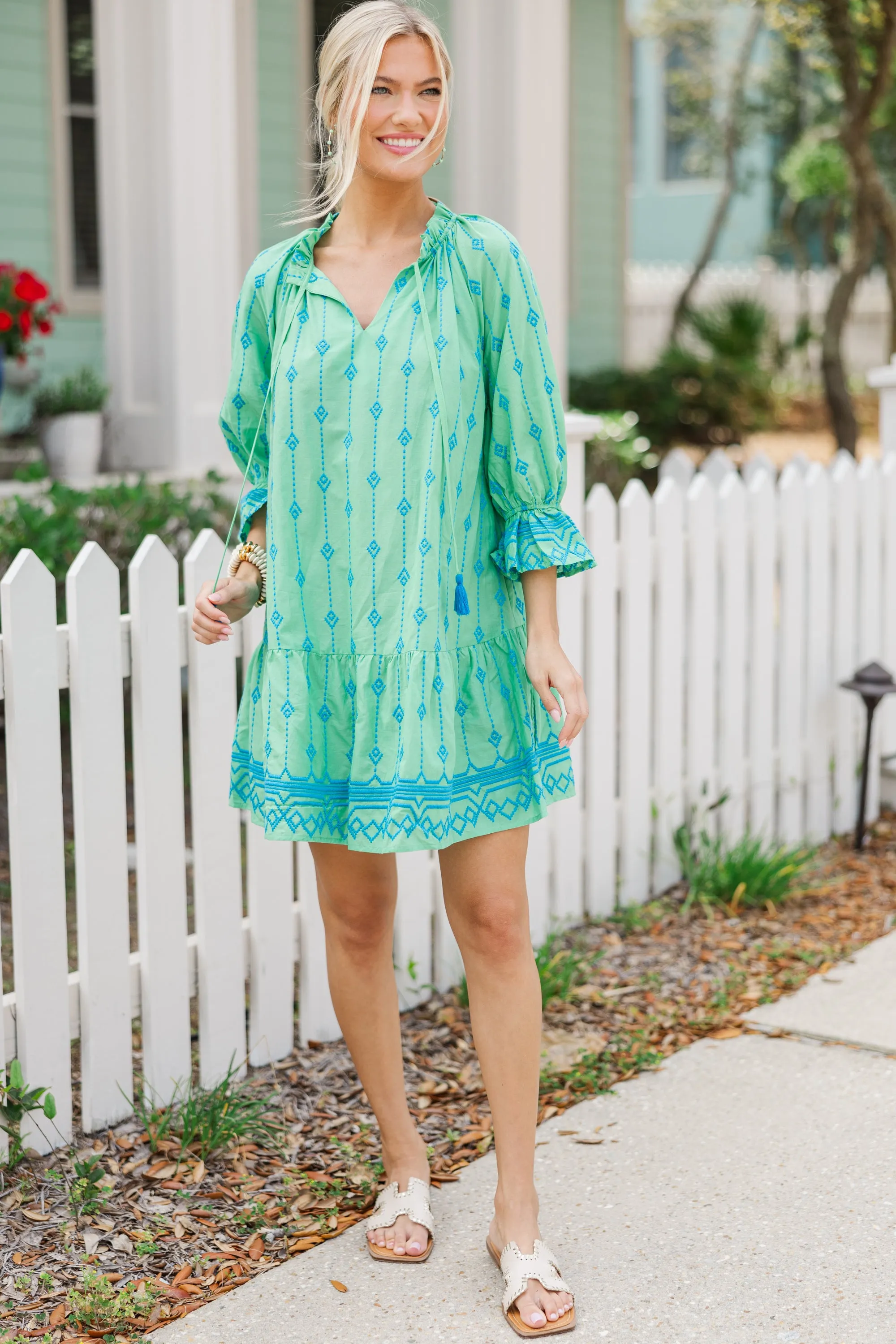 Watch You Go Green Embroidered Dress