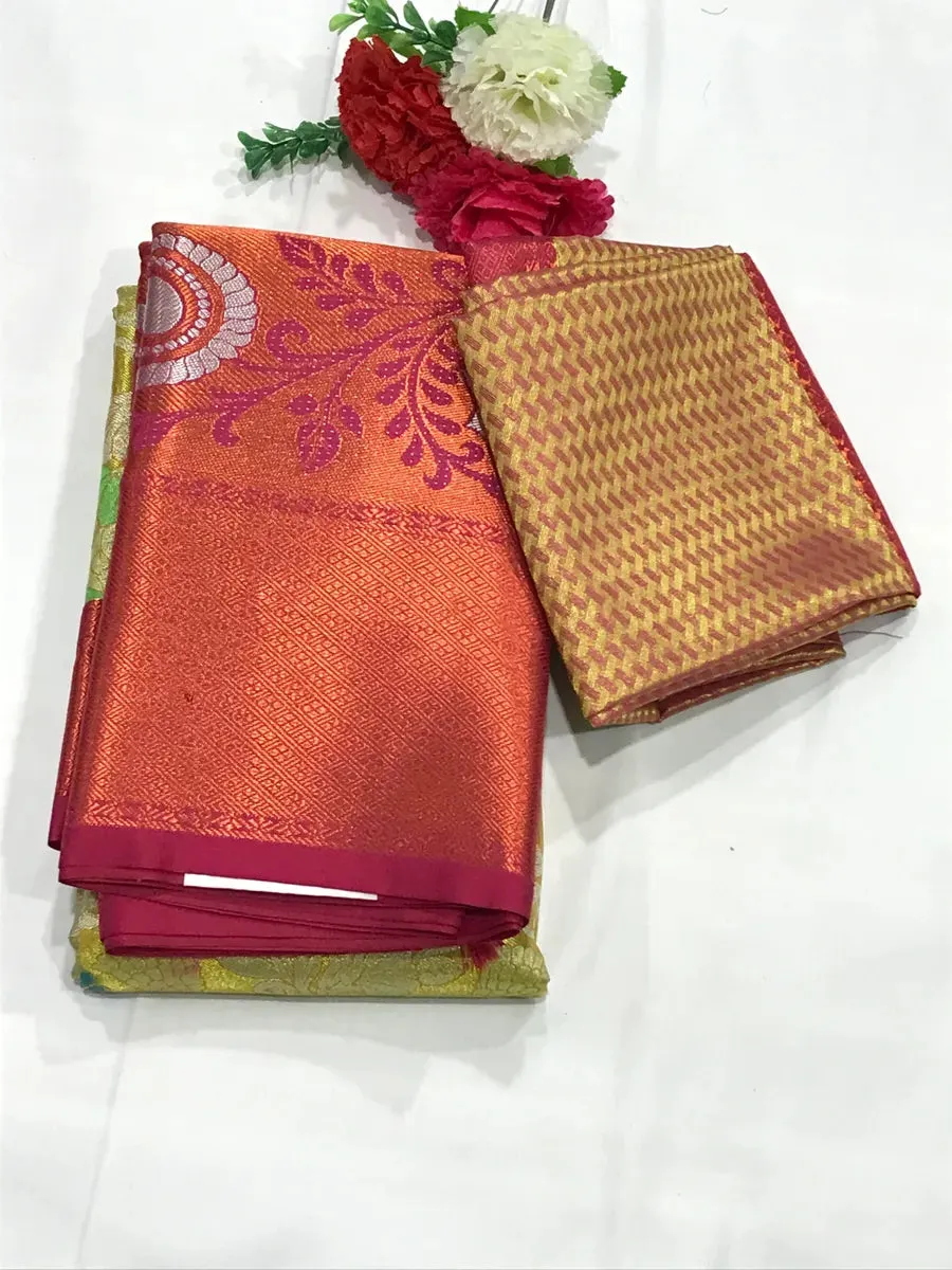 Yellow Pure Kanjeevaram Tissue Silk Saree With Contrast Zari Border - SILKMARK CERTIFIED