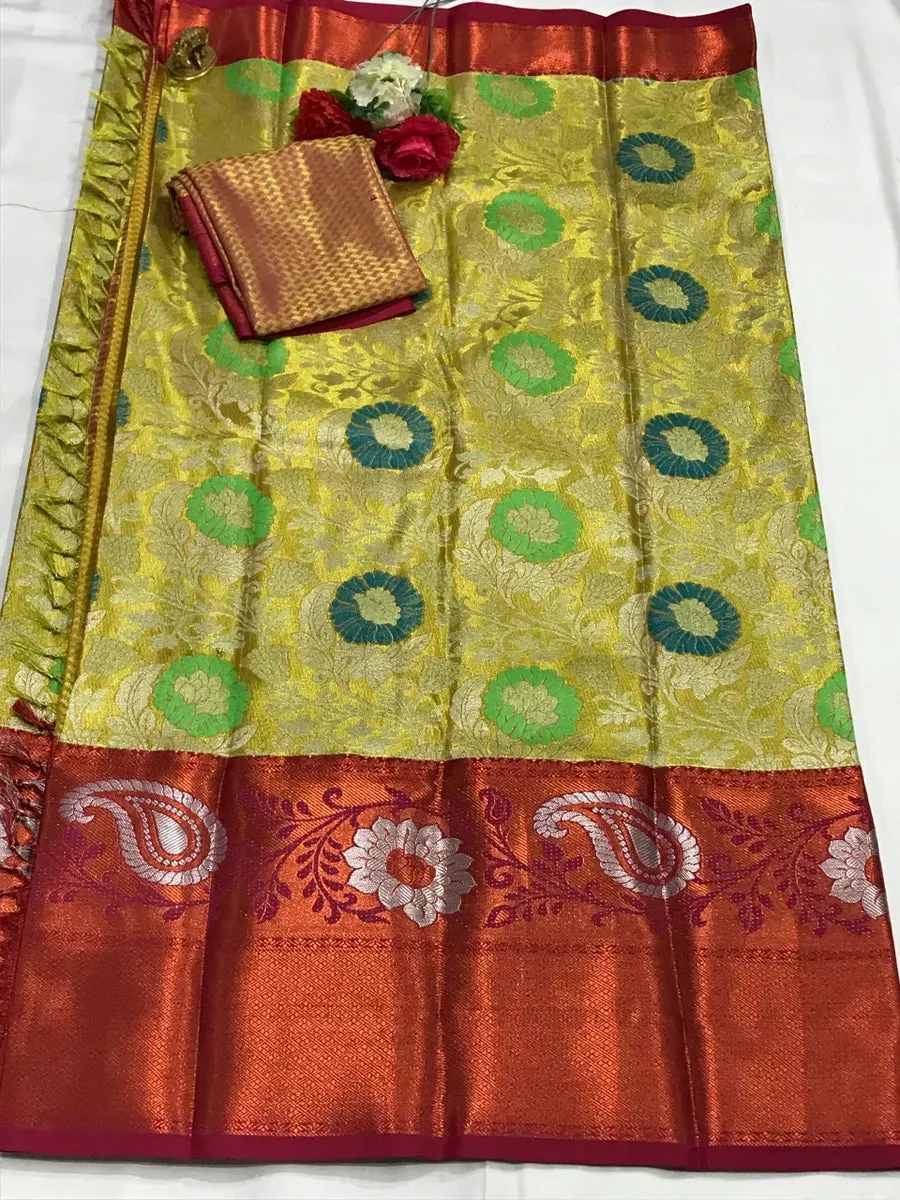 Yellow Pure Kanjeevaram Tissue Silk Saree With Contrast Zari Border - SILKMARK CERTIFIED