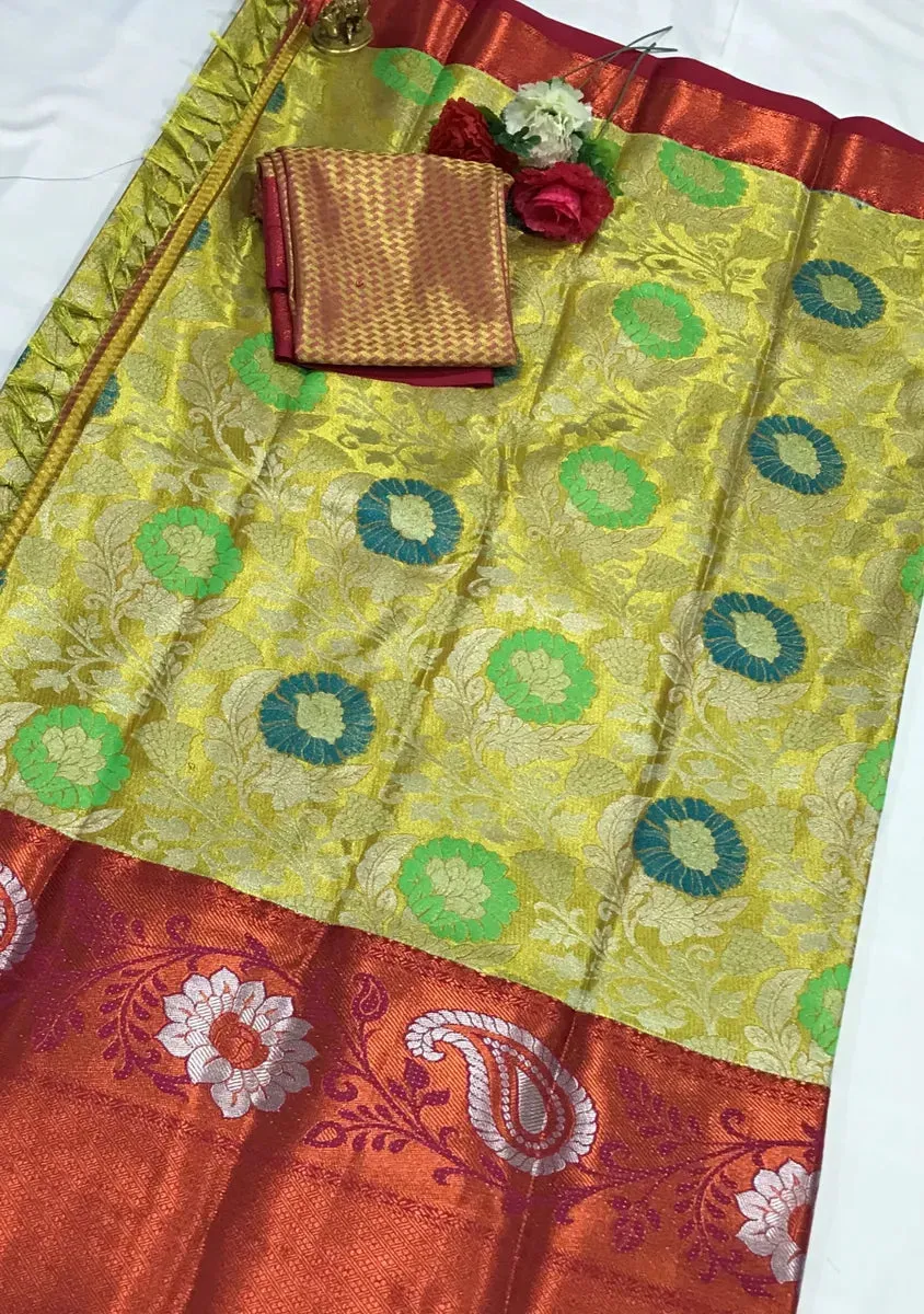 Yellow Pure Kanjeevaram Tissue Silk Saree With Contrast Zari Border - SILKMARK CERTIFIED