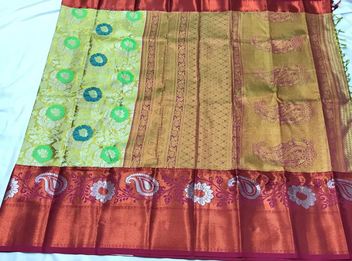 Yellow Pure Kanjeevaram Tissue Silk Saree With Contrast Zari Border - SILKMARK CERTIFIED